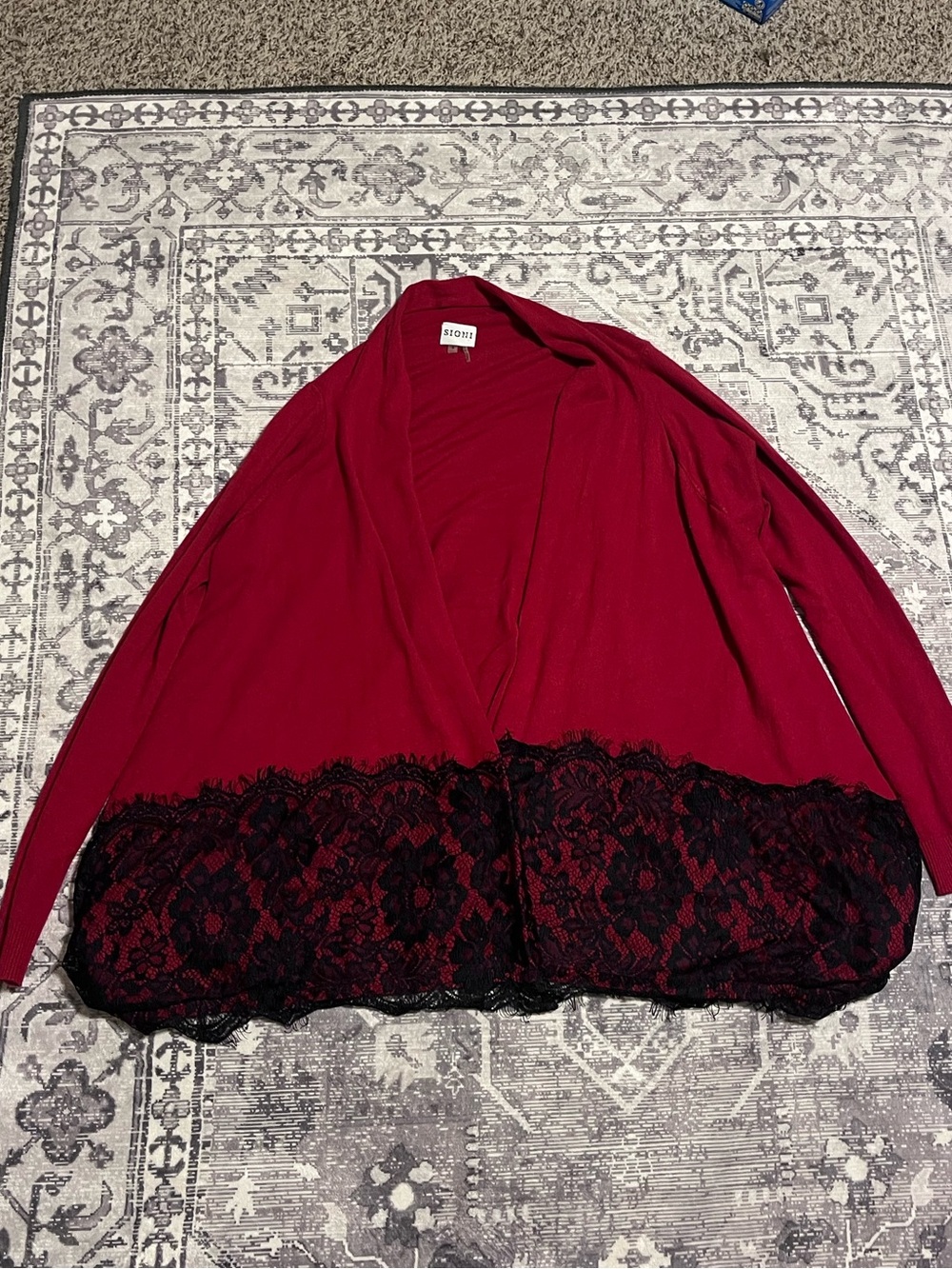 Sioni Red Open-Front Cardigan with Black Lace Hem